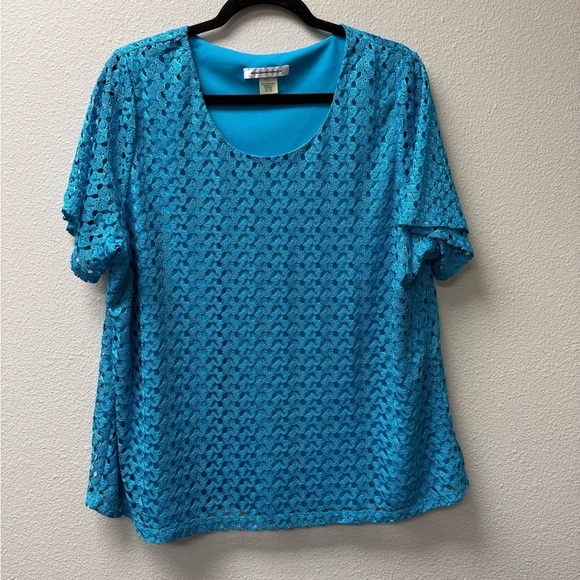 Allison Daley Teal Lace Overlay Blouse XL Short Sleeve Career Top - Picture 2 of 7